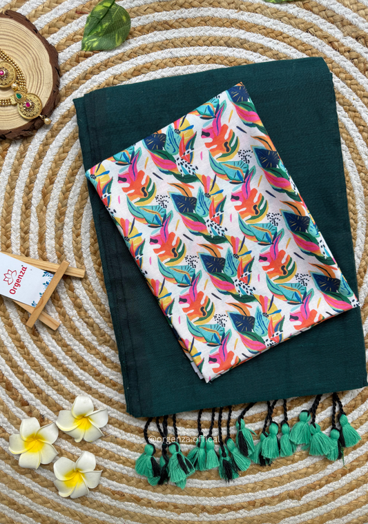 Rama Green Colour Cotton Saree With Multi Print Blouse