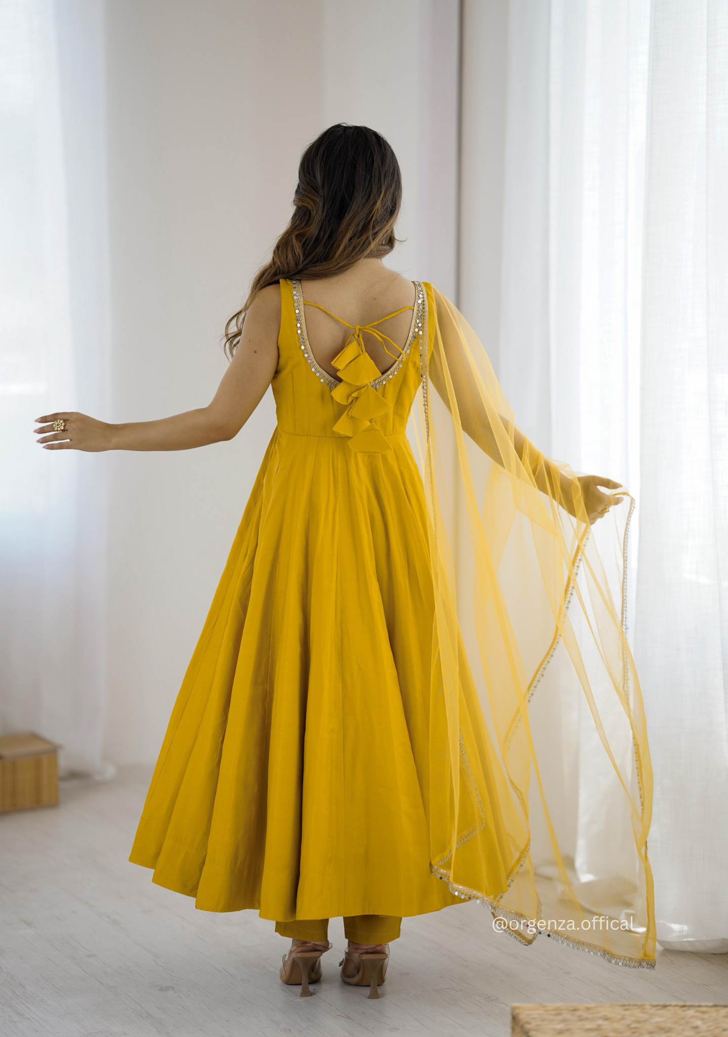 Yellow Colour Roman Silk Chanderi Plain Anarkali Kurti