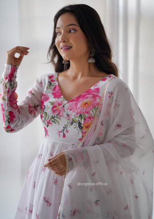 White Floral Organza Anarkali With Dupatta Set - Orgenza Store