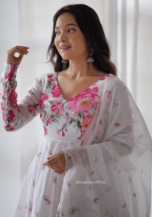 White Floral Organza Anarkali With Dupatta Set - Orgenza Store - digisoch
