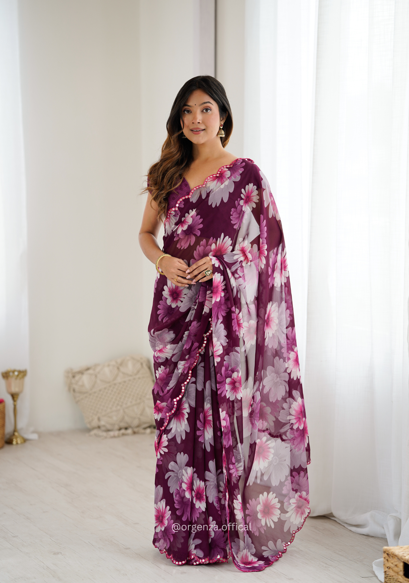 Purple Colour Georgette Printed Mirror Saree