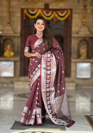 Brown Colour Silk Saree With Gold And Silver Zari - Orgenza Store