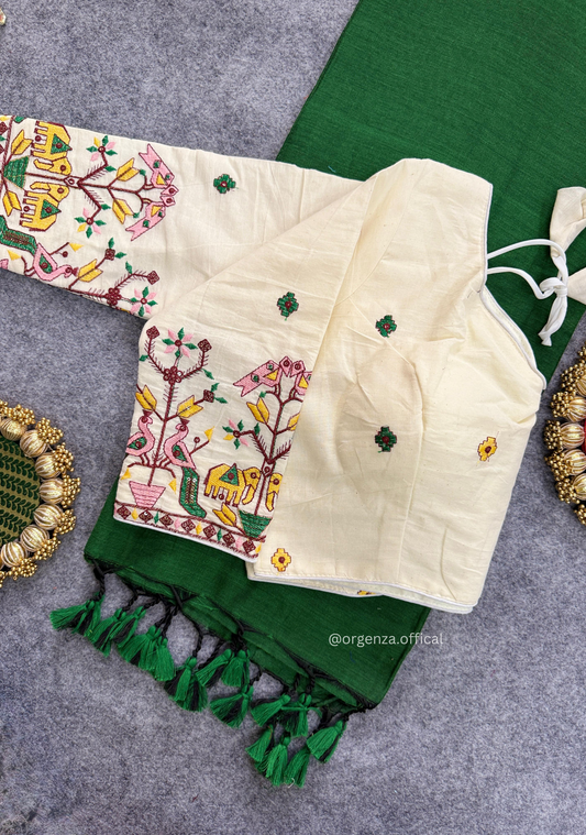 Green Handloom Cotton Saree With Tassels