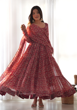 Pure Soft Fox Georgette Kalamkari Print Ruffle Anarkali - Orgenza Store