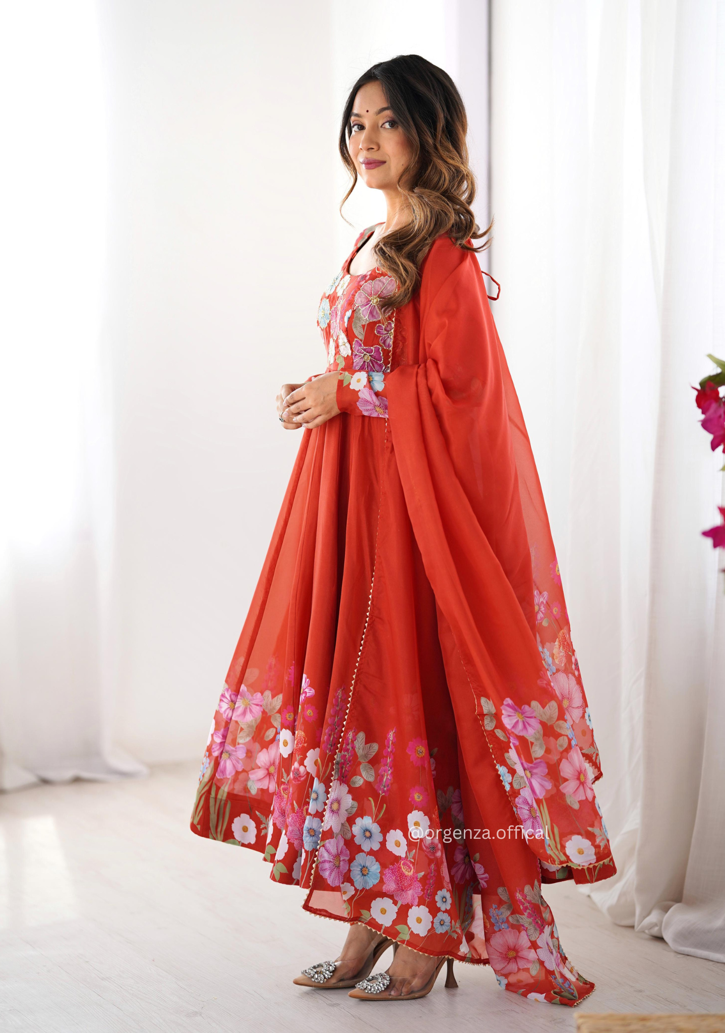 Floral Organza Anarkali With Dupatta And Pant