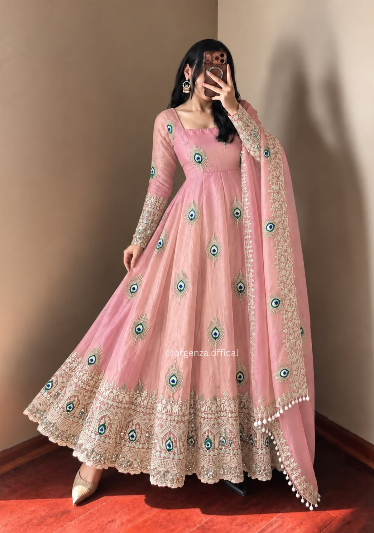 Peach Fendy Silk Sequin Embroidered Gown Set