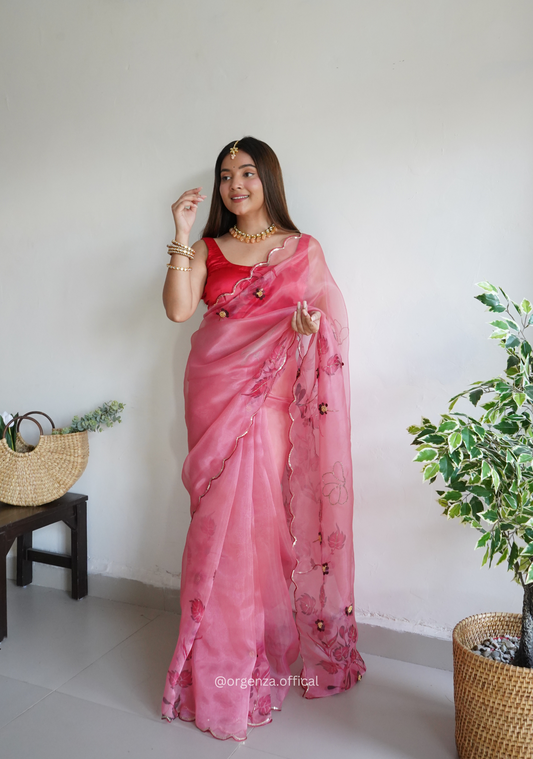 Pink Colour Organza Saree With Handwork