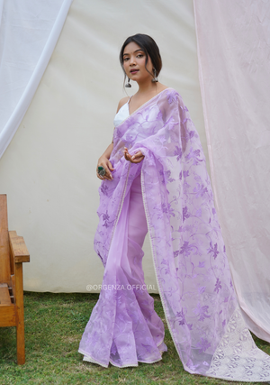 Lavender Colour Organza Saree With Floral Embroidery Work - Orgenza Store
