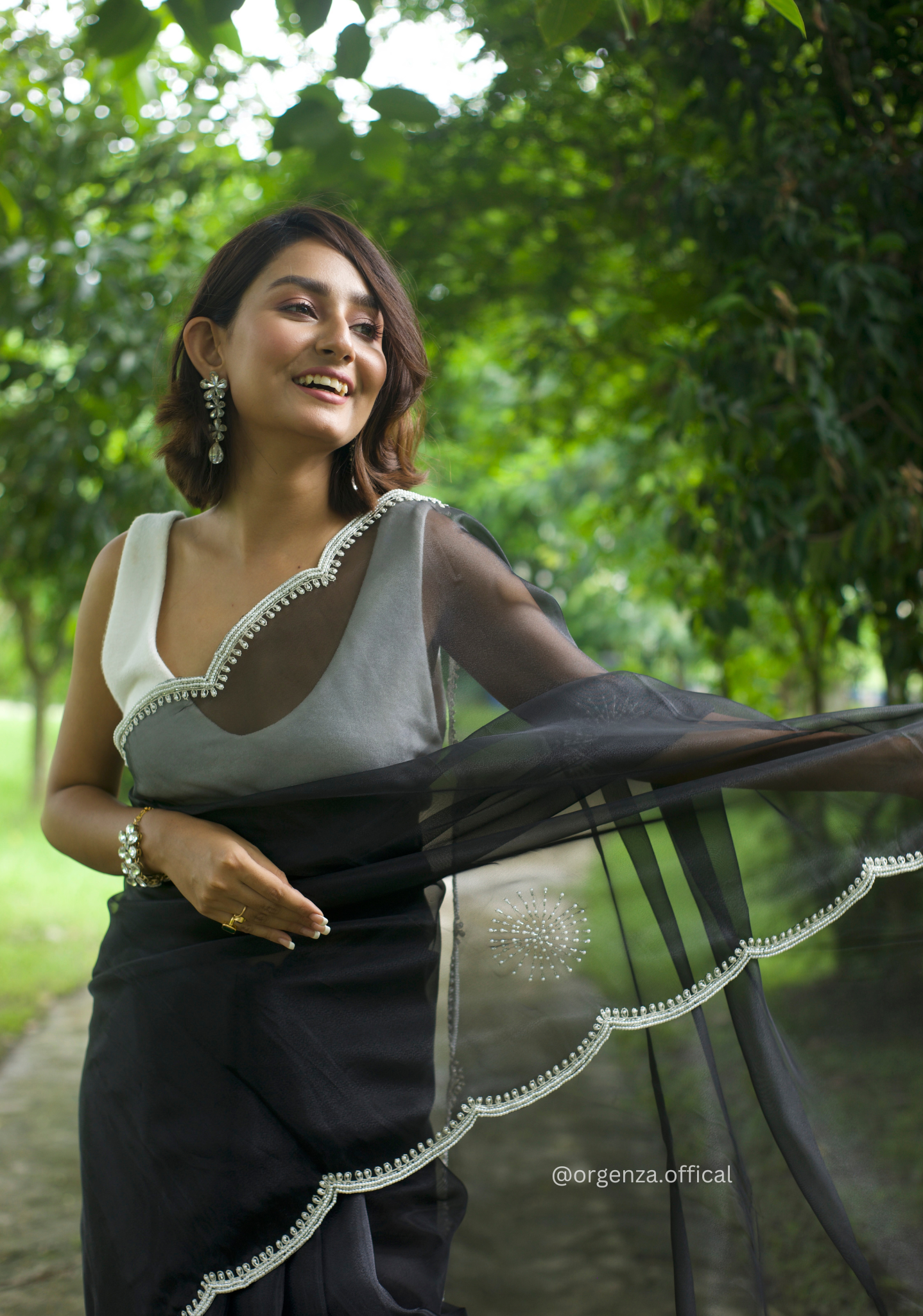 Black Colour Organza Saree With Hand Work - Orgenza Store