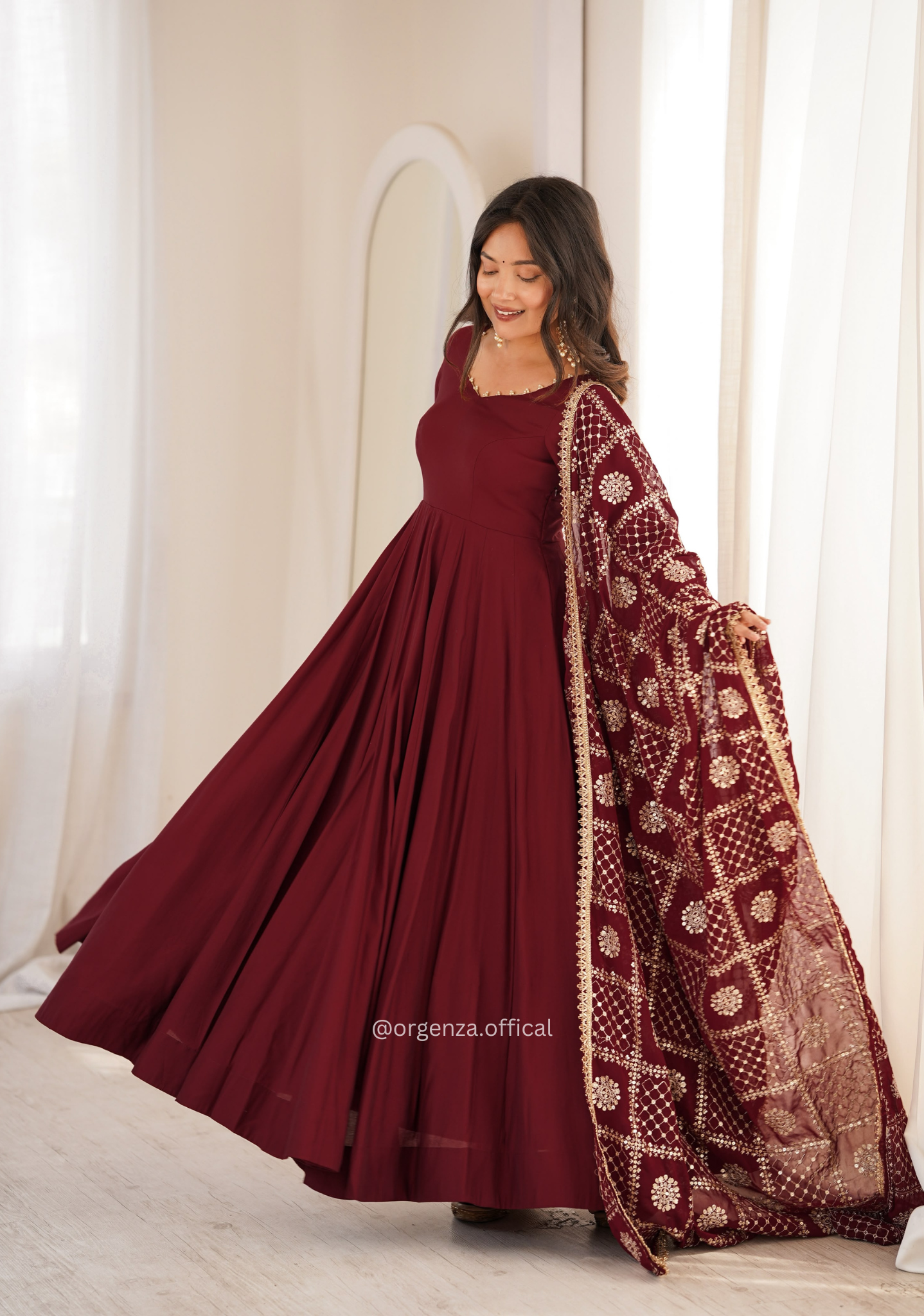 Maroon Roman Silk Chanderi Anarkali Suit Set