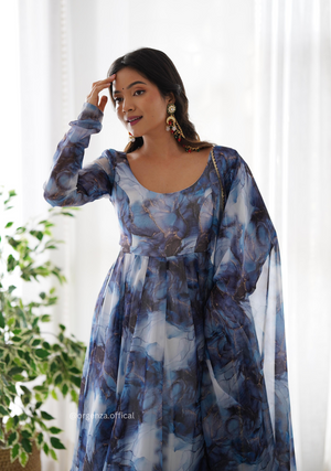 Grey Colour Organza Silk Marble Print Anarkali Kurtis - Orgenza Store