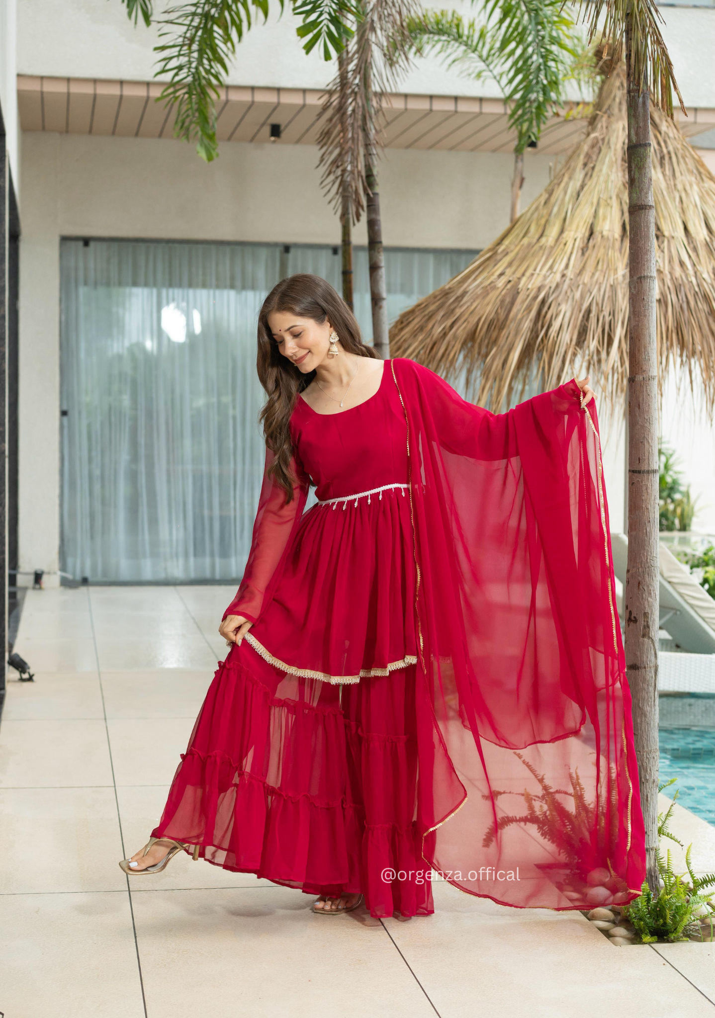 Red Colour Kediya Sharara Fully Stitched Kurti