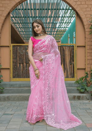 Baby Pink Soft Organza Saree With Sequence Work - Orgenza Store - digisoch