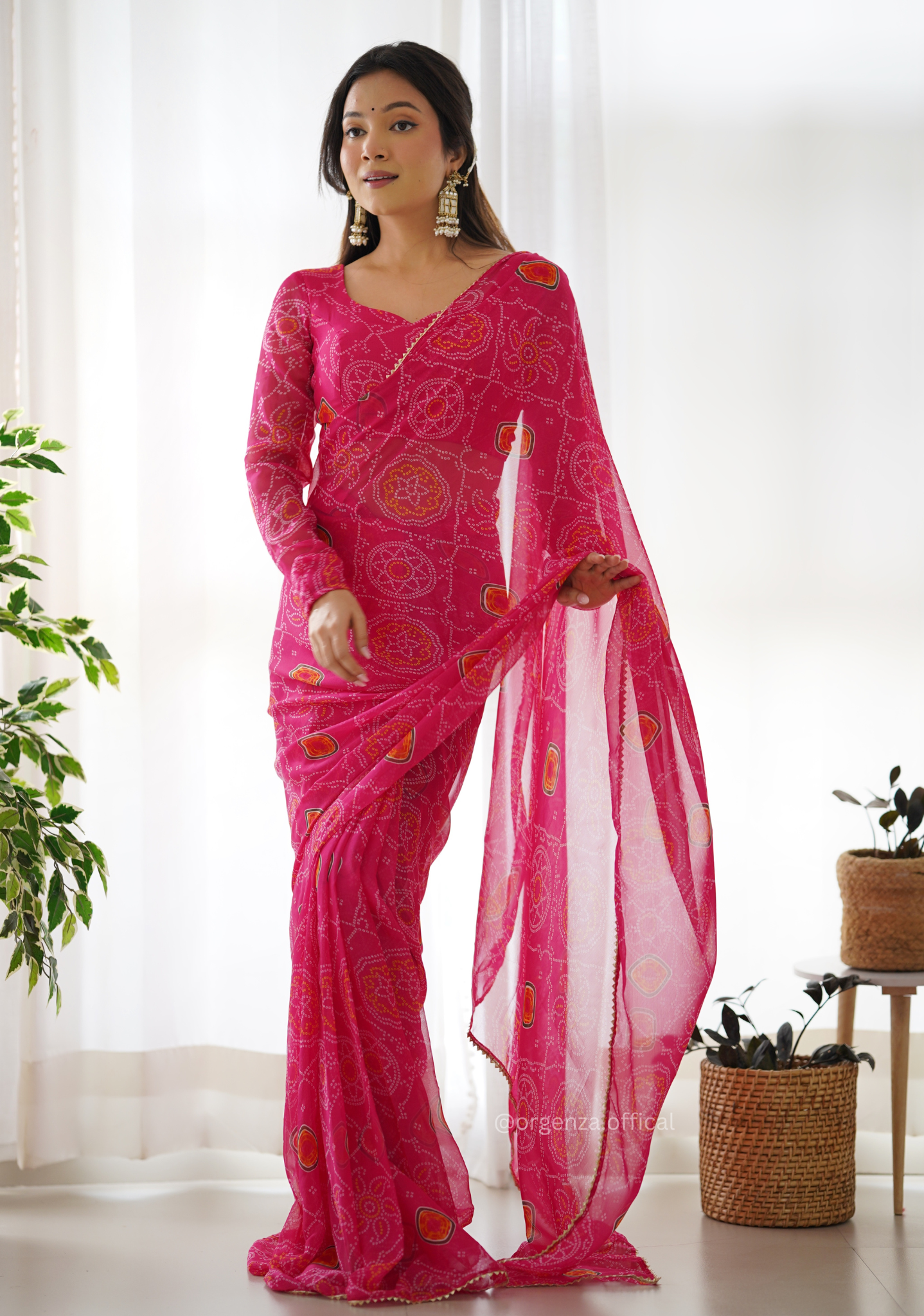 Ready To Wear Pure Chiffon Silk Saree With Bandhani Print - Orgenza Store