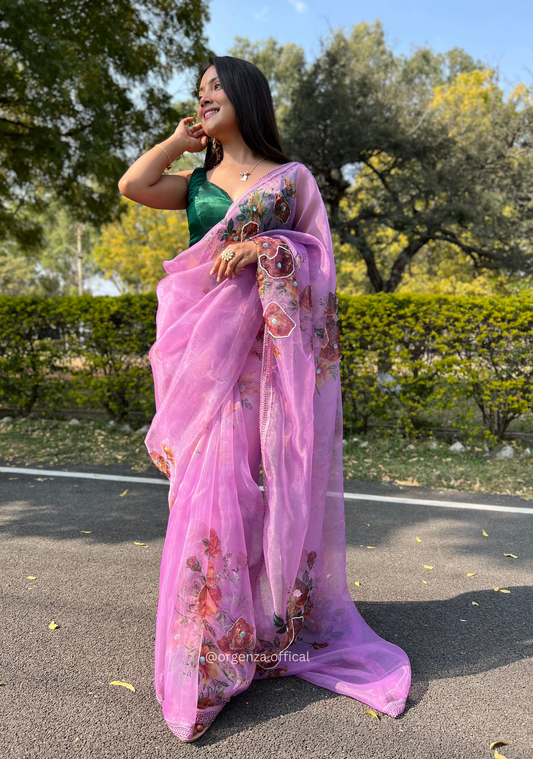Lavender Colour Organza Saree With Handwork