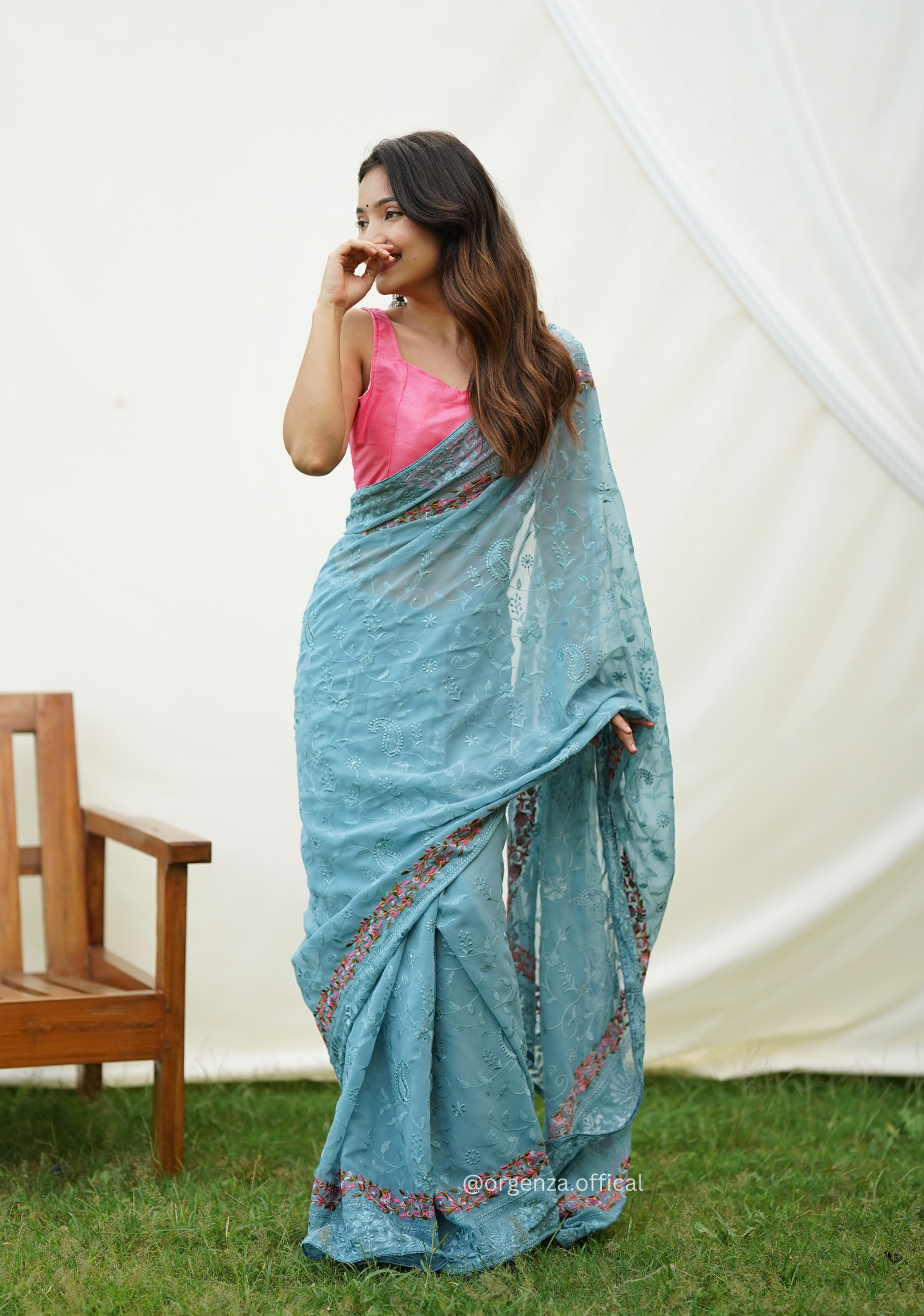 Sky Color Embroidery Work Heavy Georgette Silk Saree With Running Blouse - Orgenza Store
