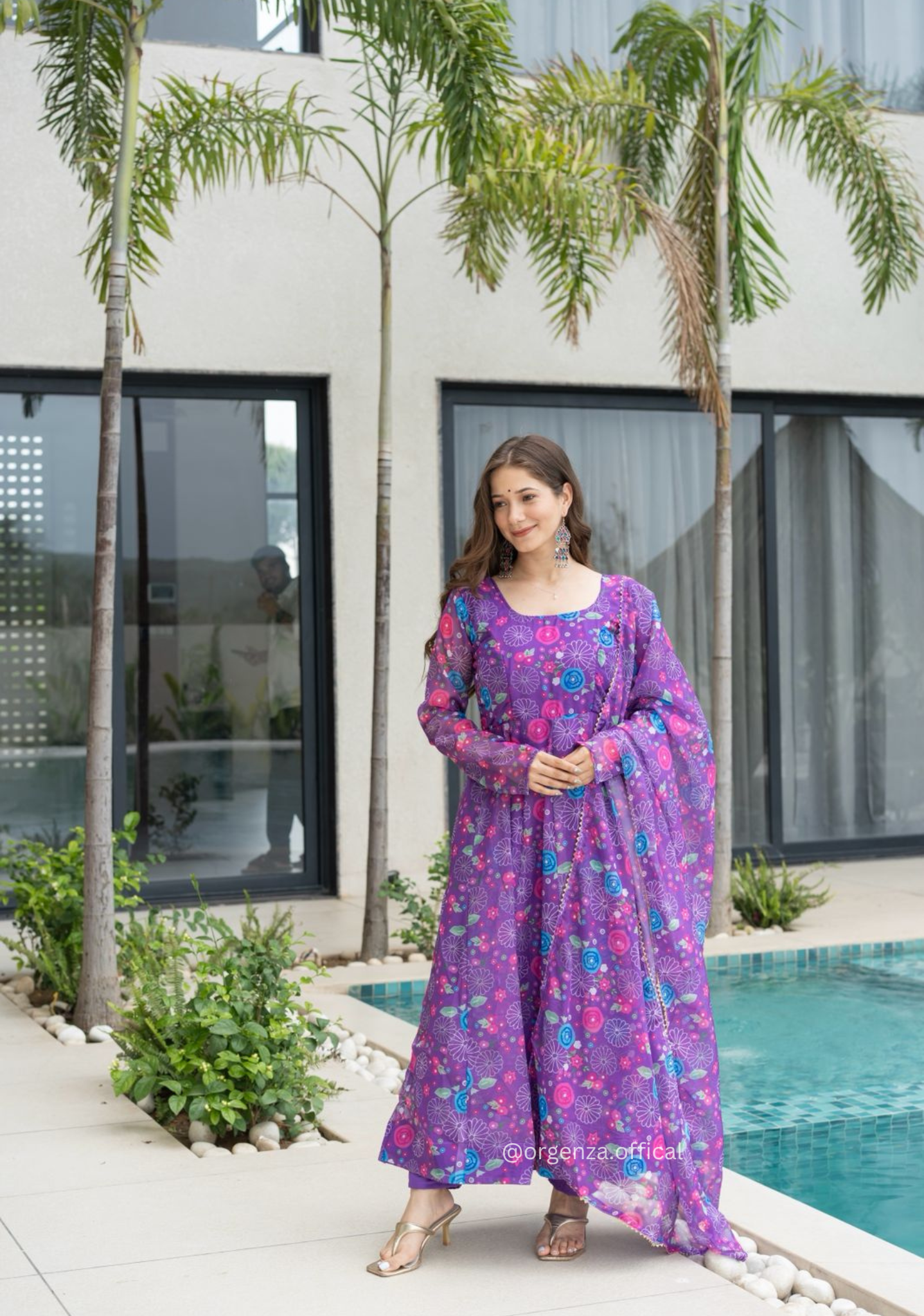 Purple Colour Pure Organza Silk Floral Anarkali Kurtis
