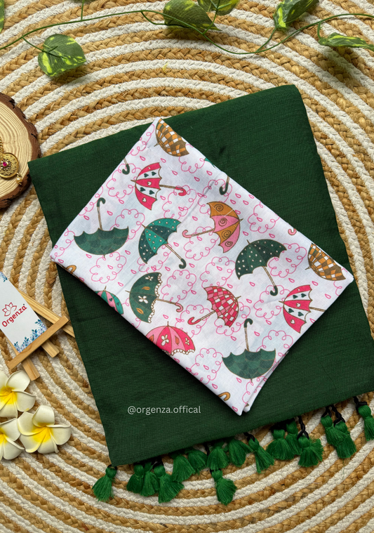 Green Colour Cotton Saree With Umbrella Print Blouse