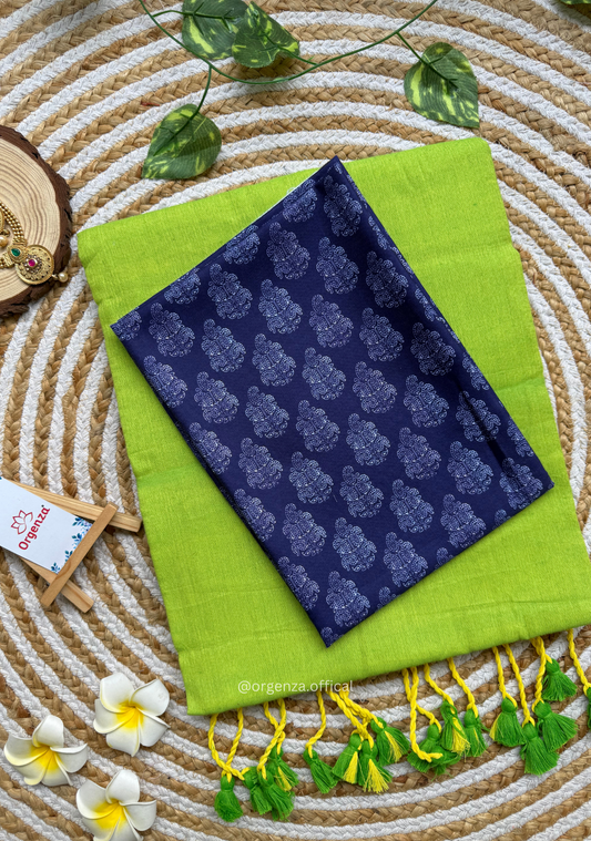 Parrot Green Colour Cotton Saree With Blue Printed Blouse