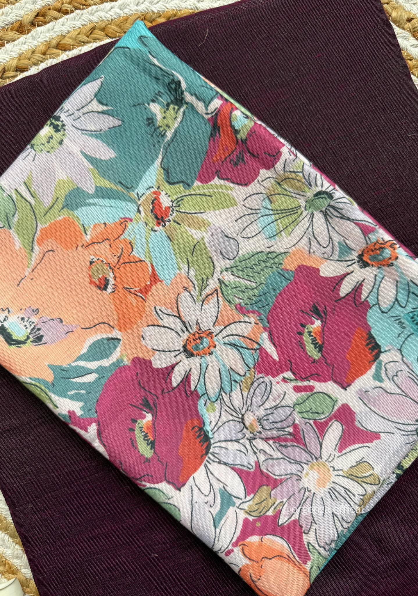 Wine Colour Cotton Saree With Flower Print Blouse