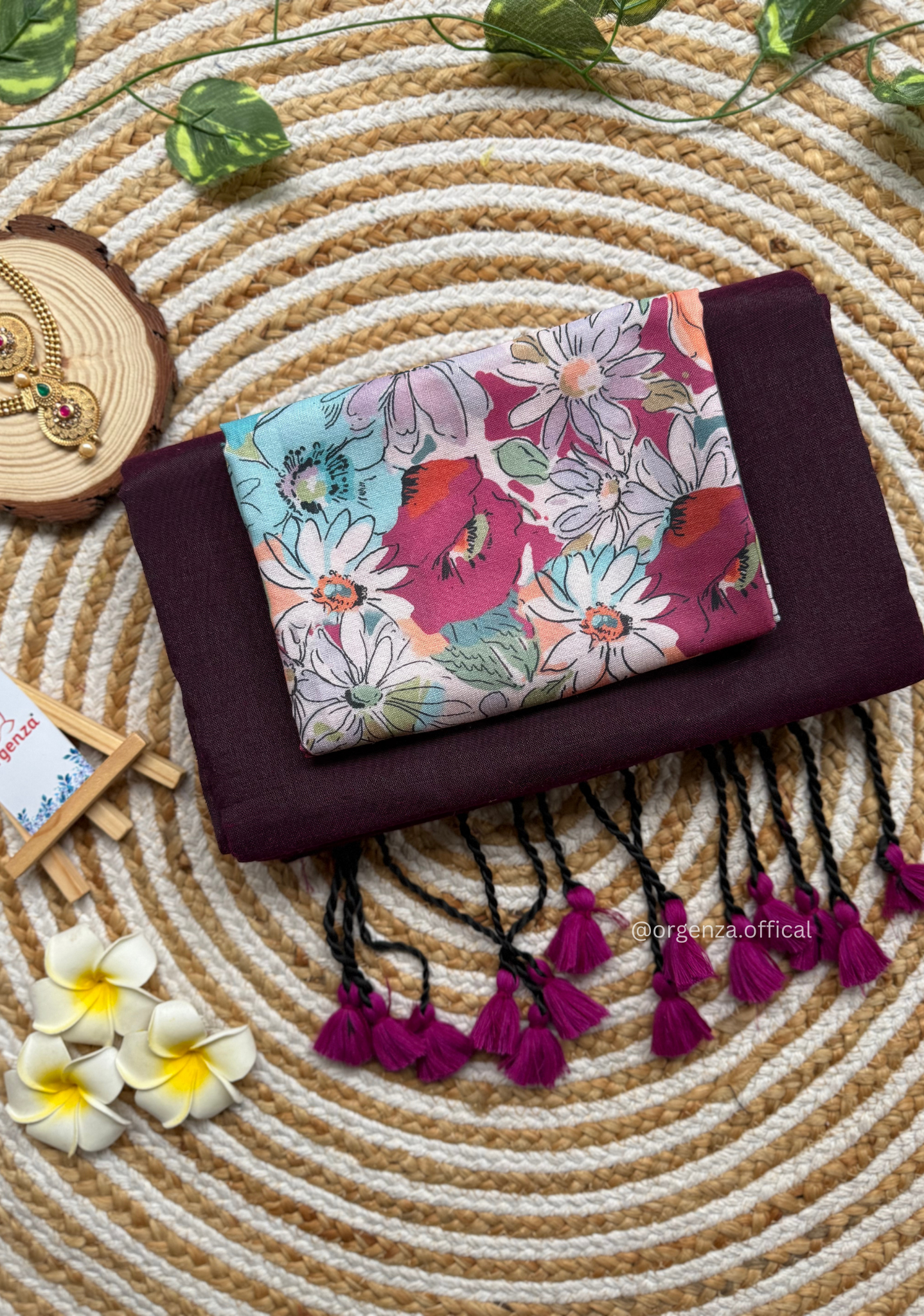 Wine Colour Cotton Saree With Flower Print Blouse