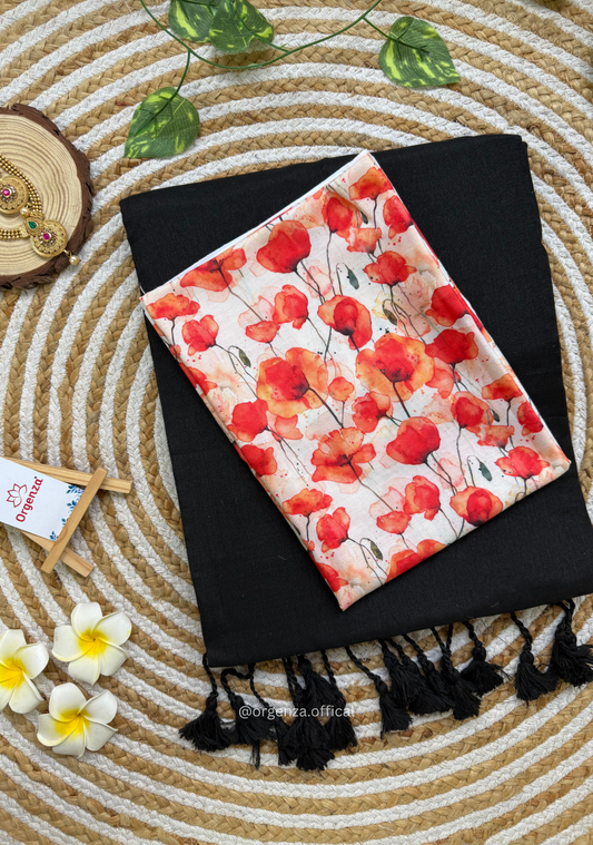 Black Colour Cotton Saree With Tulip Print Blouse