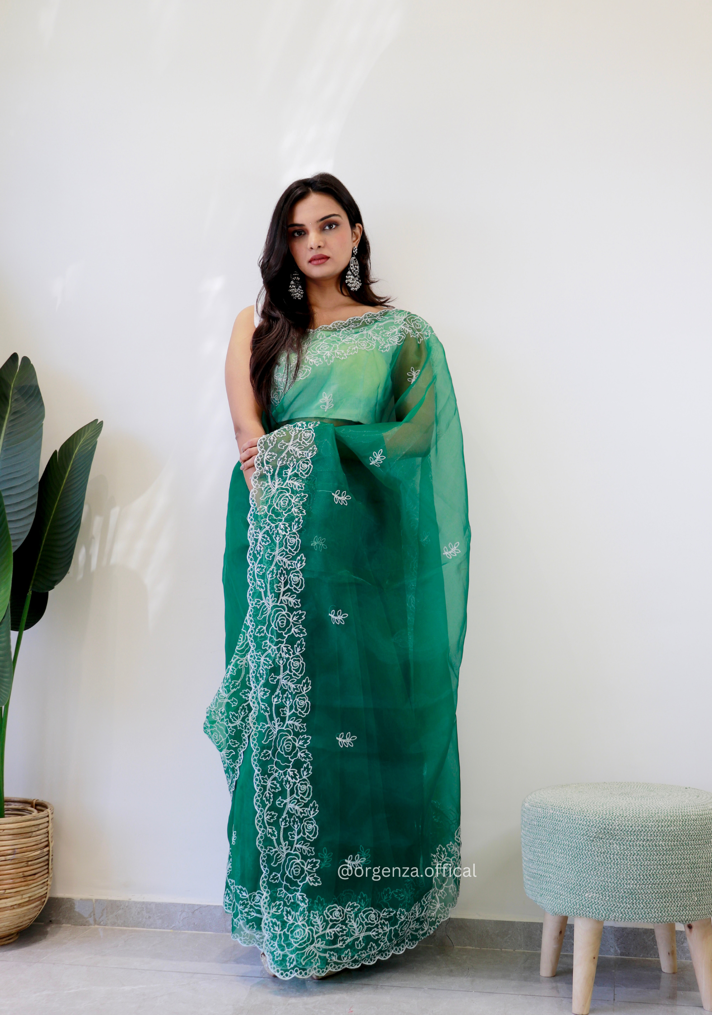 Bottel Green Colour Embroidery Thread Work Saree - Orgenza Store