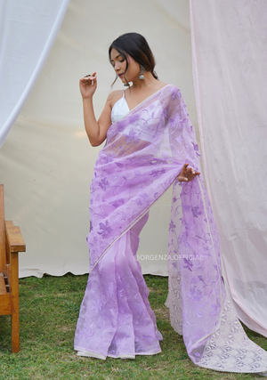 Lavender Colour Organza Saree With Floral Embroidery Work - Orgenza Store