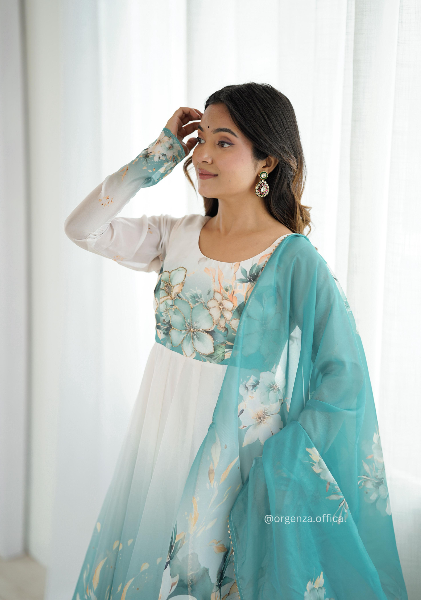 Aqua Blue Colour Organza Anarkali Kurti Set