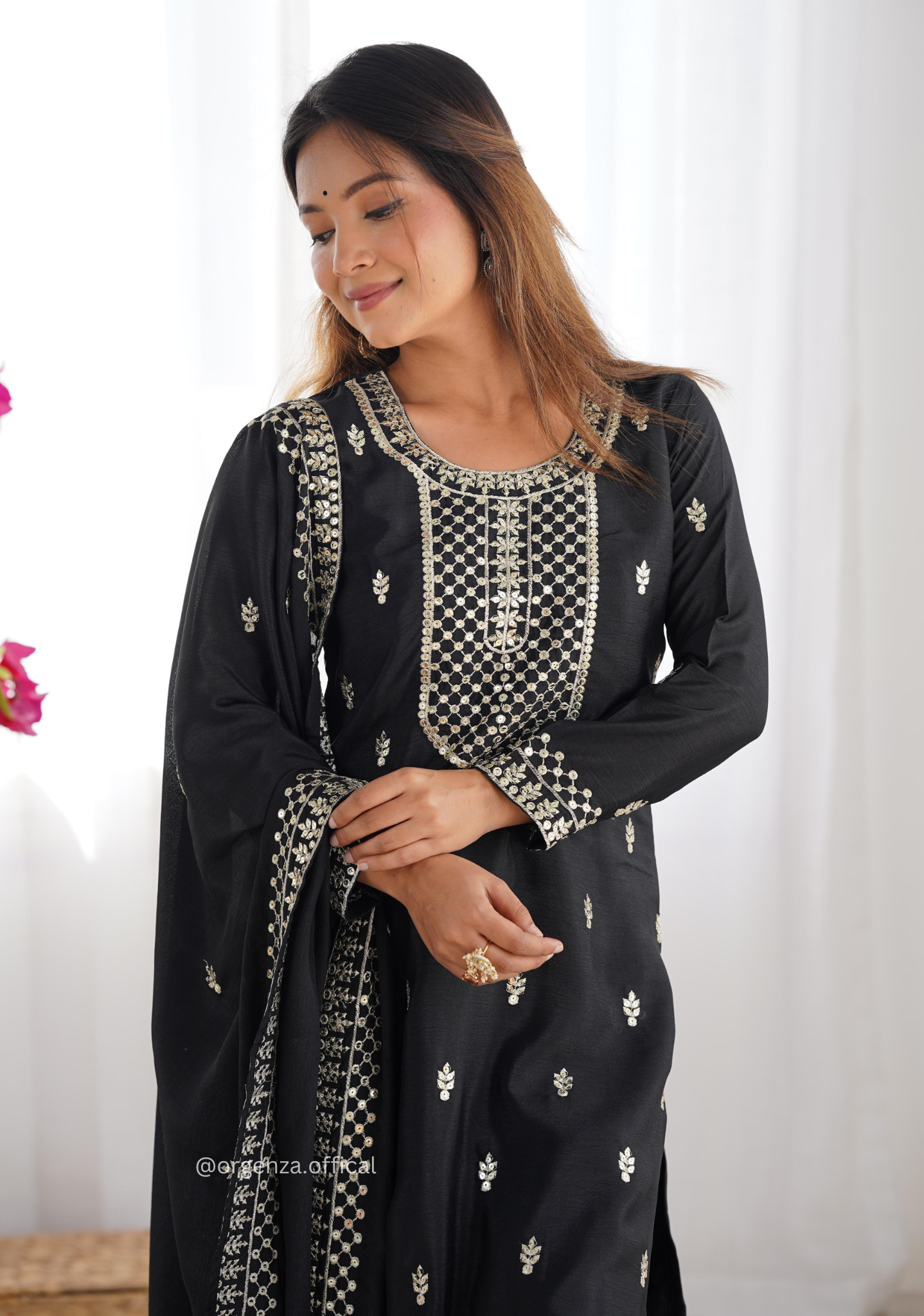 Chinon Silk Fabric Straight Fit Kurta With Dupatta Set - Orgenza Store