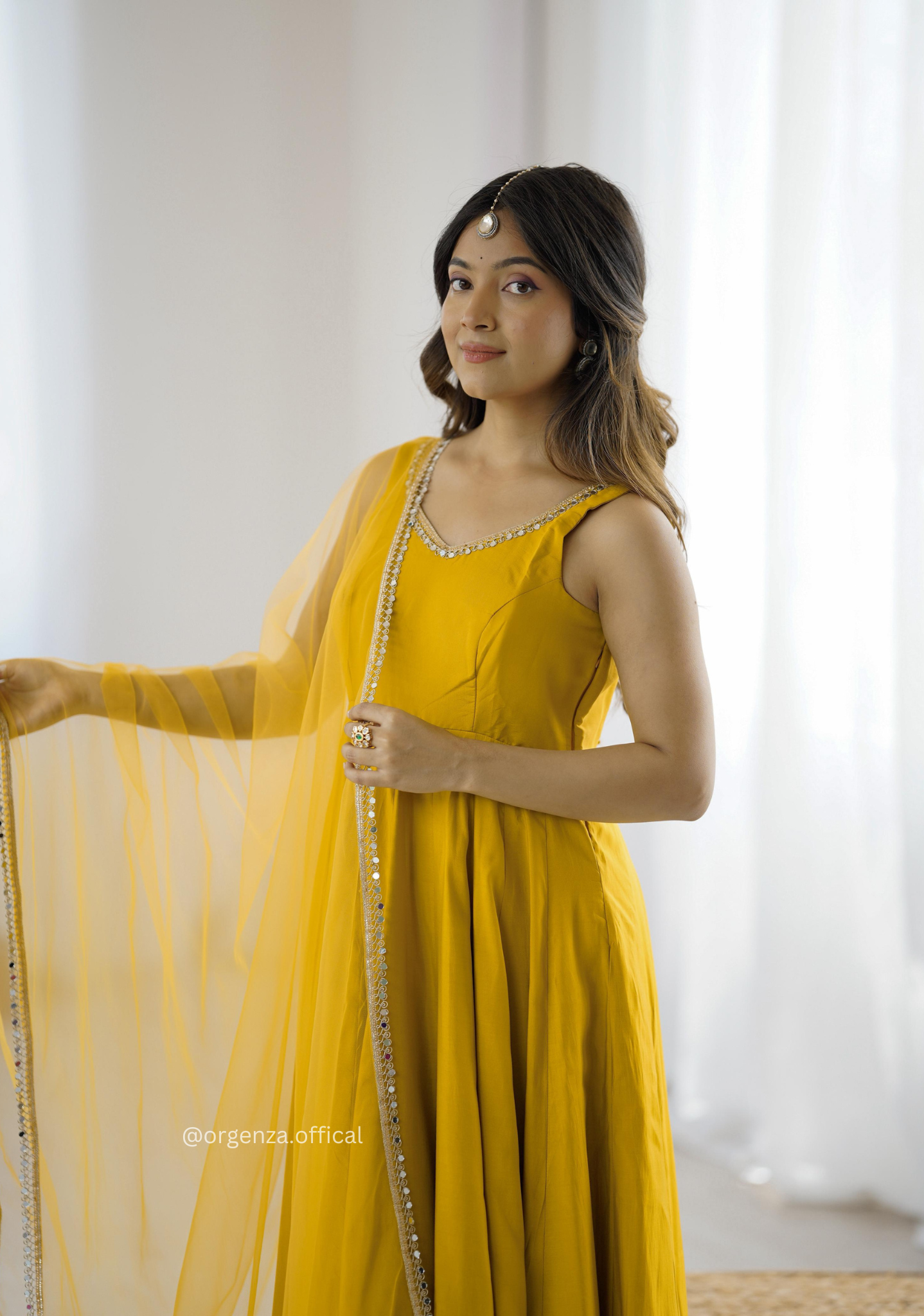 Yellow Colour Roman Silk Chanderi Plain Anarkali Kurti