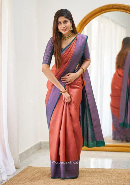 Orange Colour Lichi Silk Saree With Jacquard Zari Work
