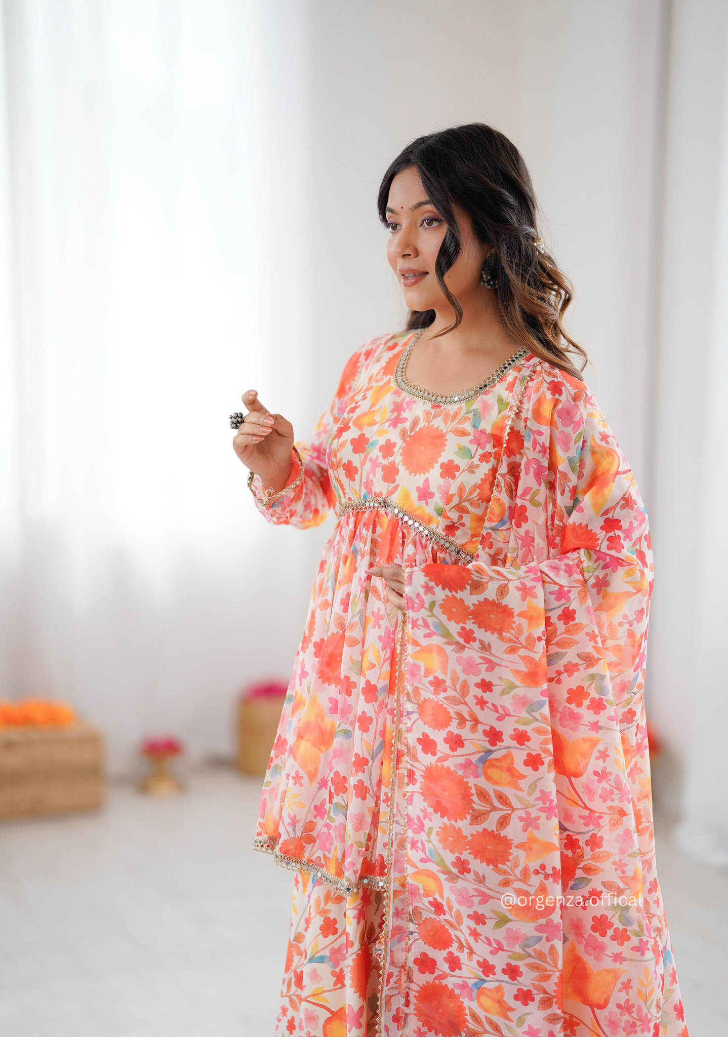 Orange Multi Colour Organza Kediya Type Kurti With Palazzo Set