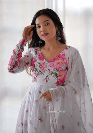 White Floral Organza Anarkali With Dupatta Set - Orgenza Store - digisoch