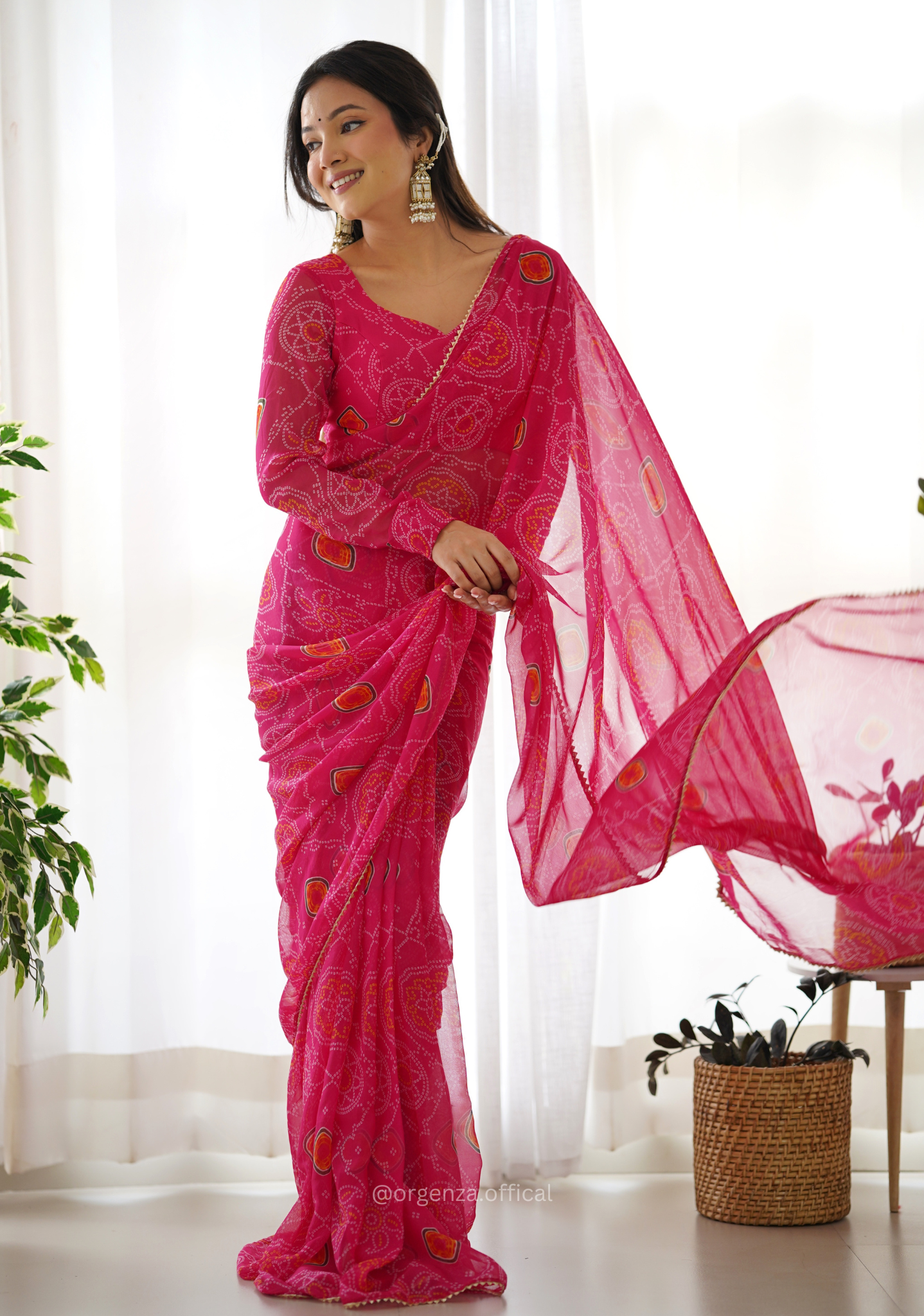 Ready To Wear Pure Chiffon Silk Saree With Bandhani Print - Orgenza Store
