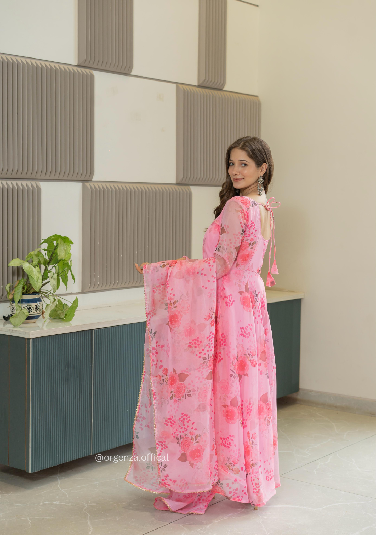 Baby Pink Colour Pure Organza Silk Floral Anarkali Kurtis