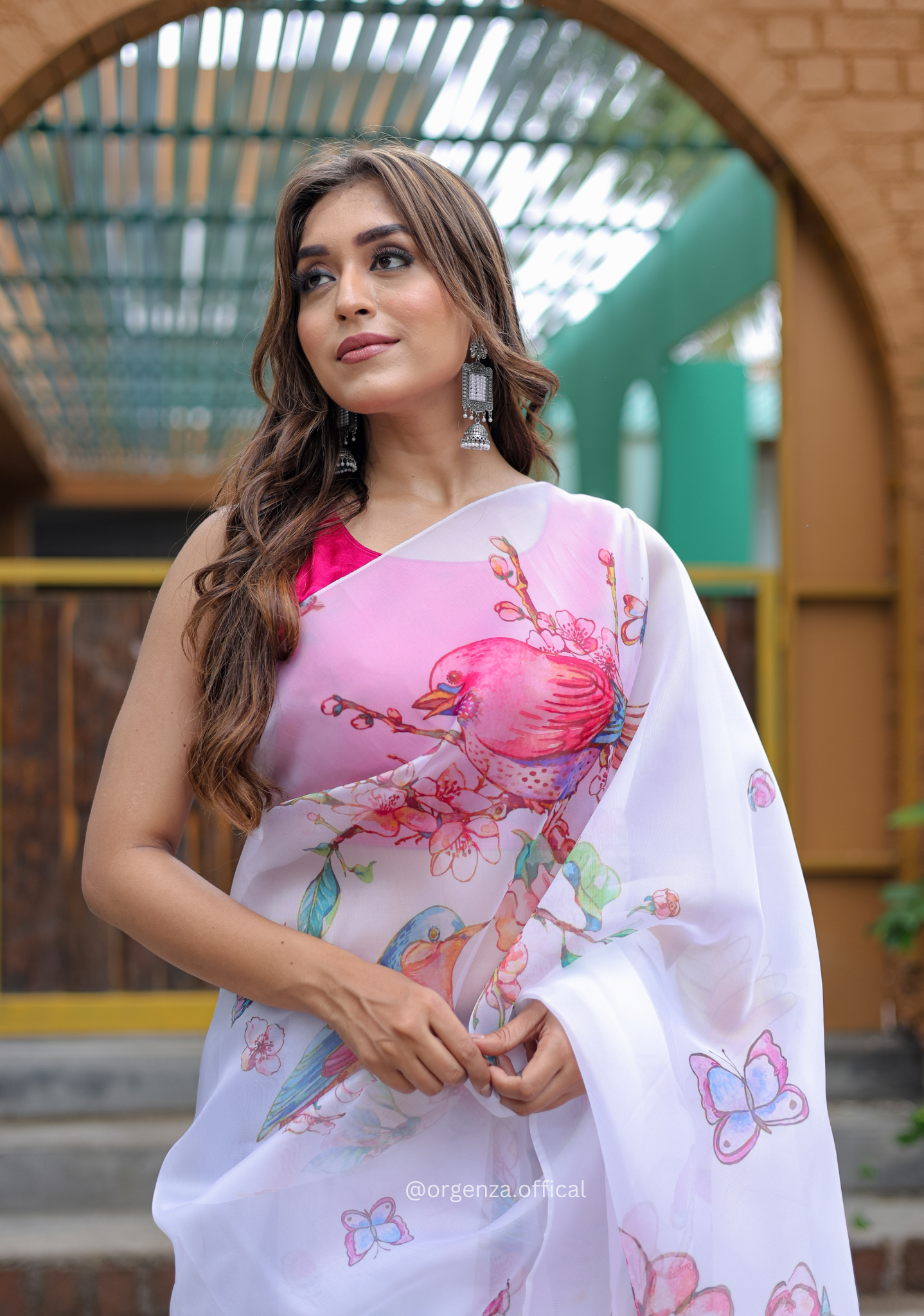 White Colour Butterfly Digital Print Saree - Orgenza Store