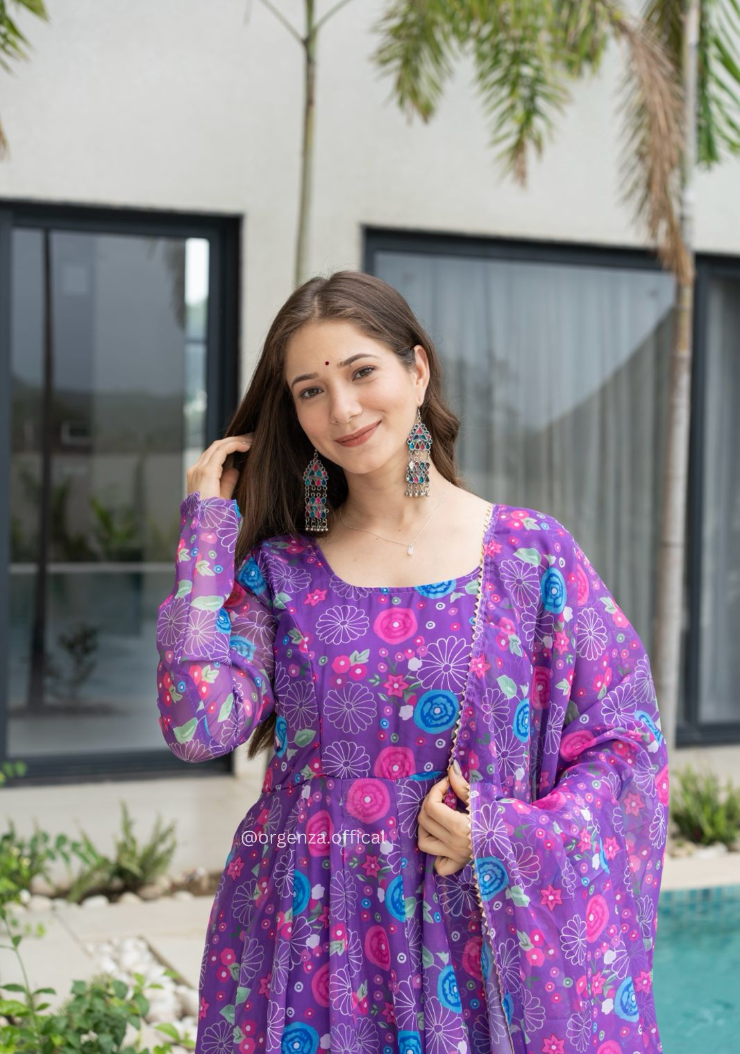 Purple Colour Pure Organza Silk Floral Anarkali Kurtis