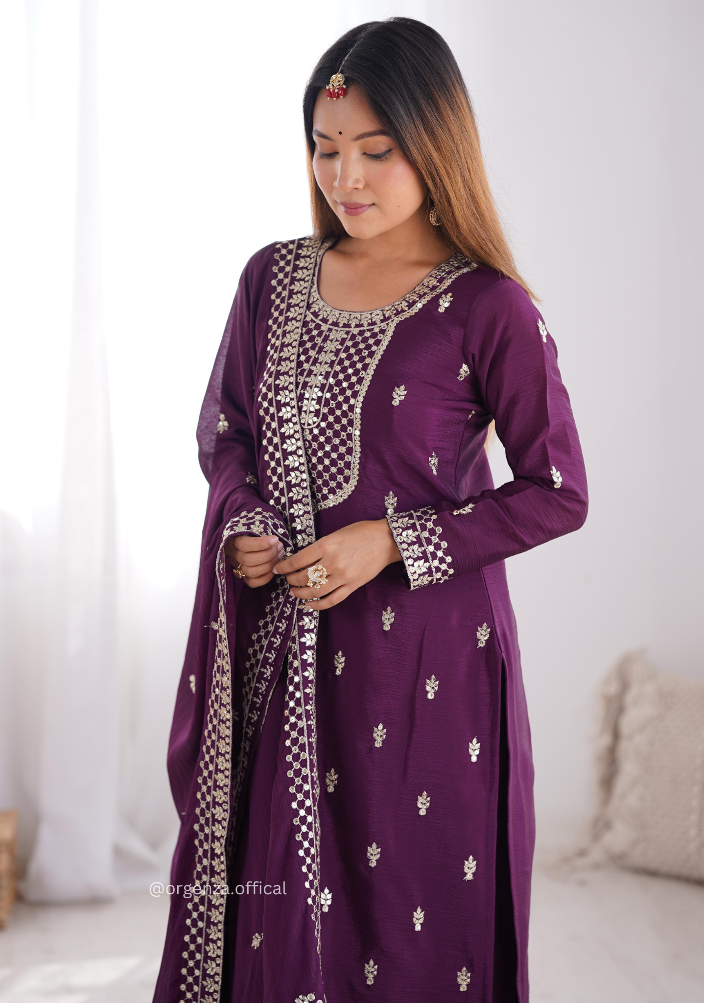 Chinon Silk Fabric Straight Fit Kurta With Dupatta Set - Orgenza Store