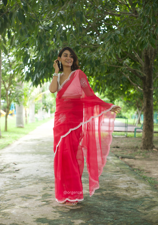 Red Colour Organza Saree With Hand Work - Orgenza Store