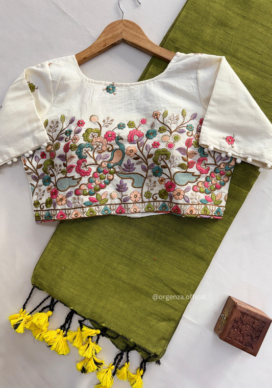 Green Handloom Cotton Saree With Tassels