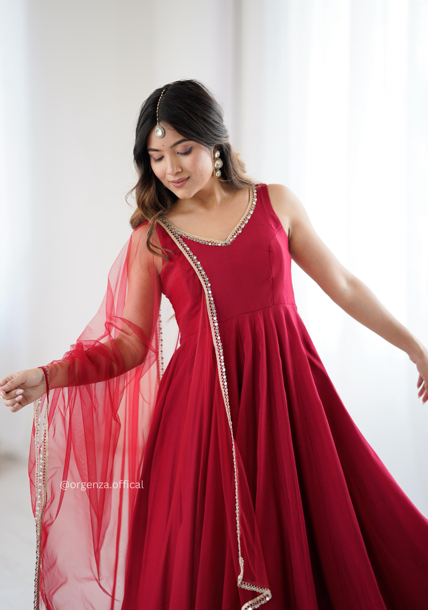 Maroon Colour Roman Silk Chanderi Plain Anarkali Kurti