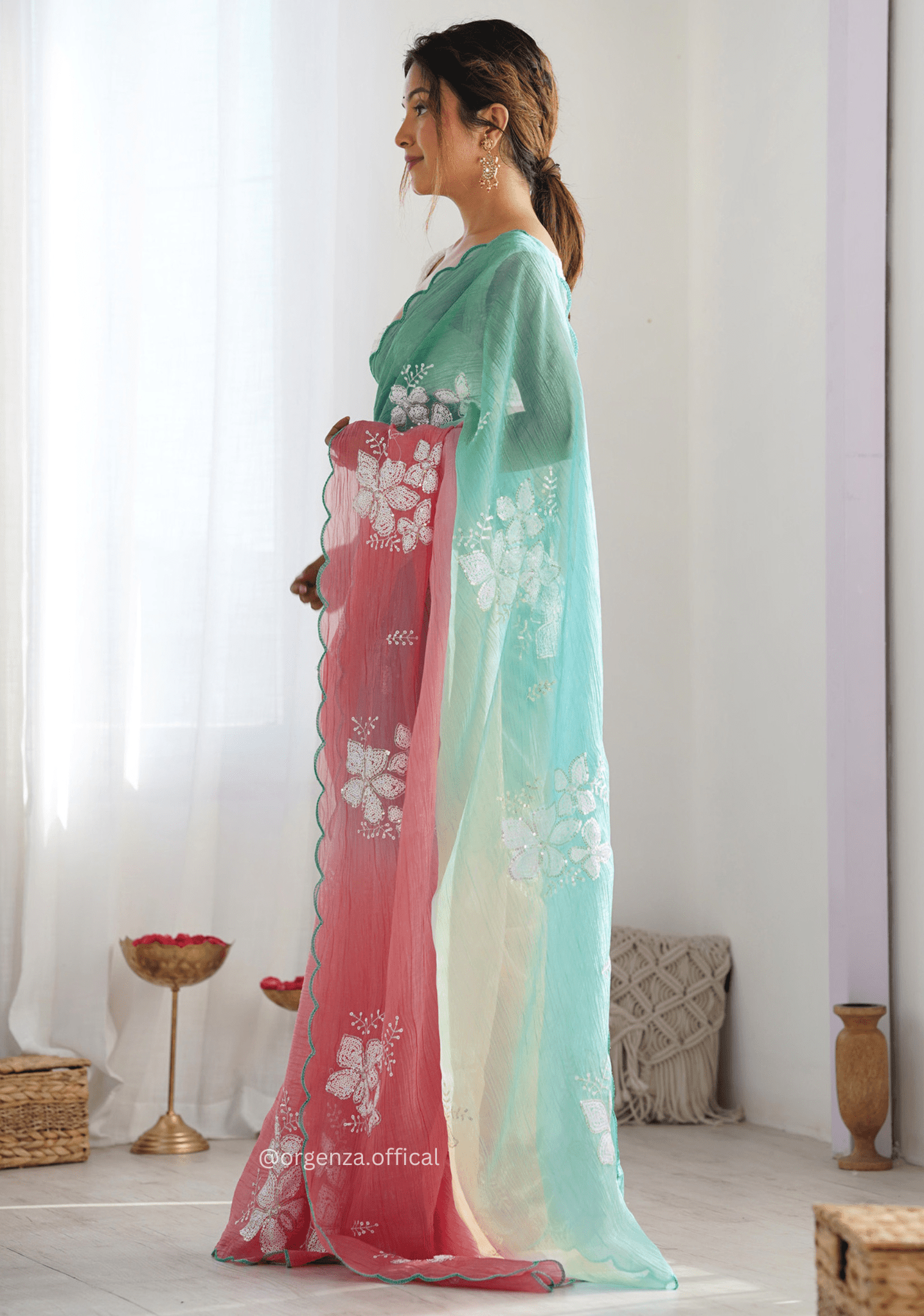 Rama Peach Gold Crush Silk Saree