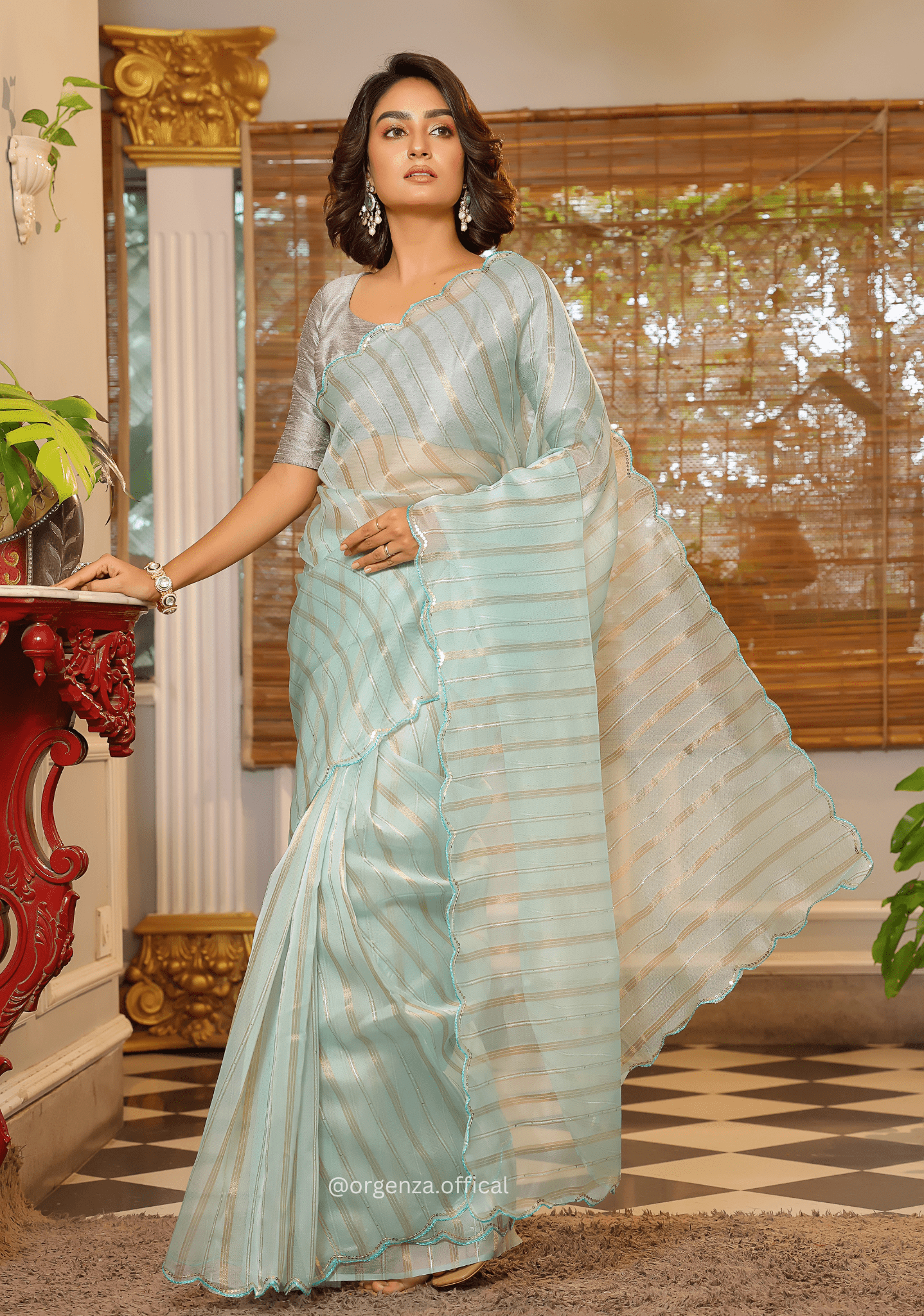 Sky Blue Organza Saree With Weaved Work - Orgenza Store