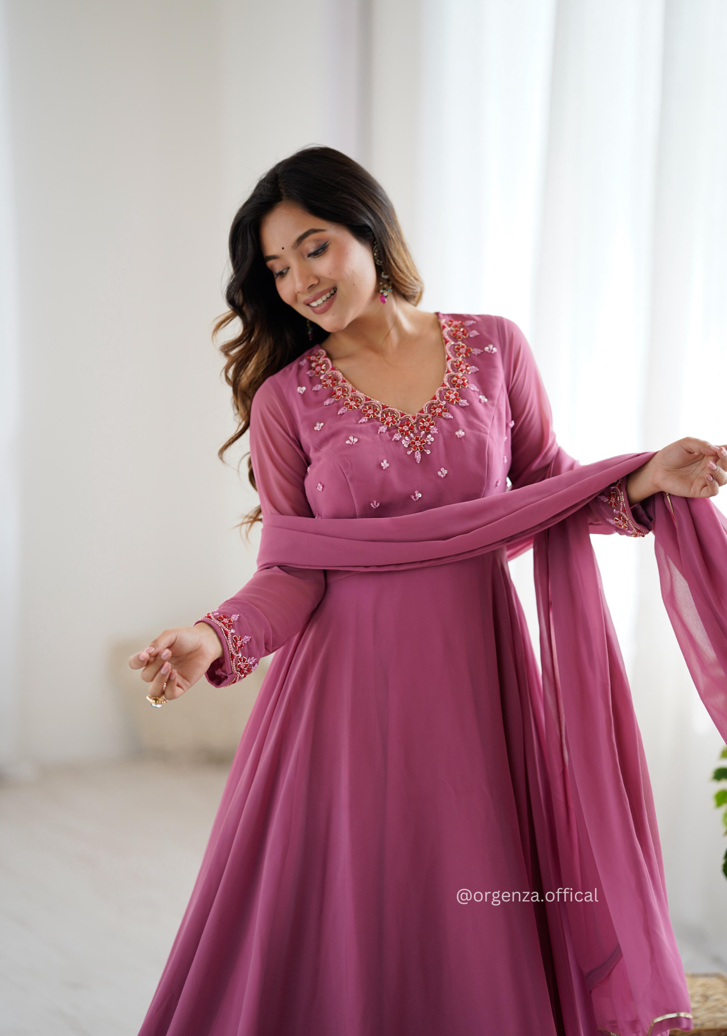 Onion Georgette Handwork Anarkali Kurti Set