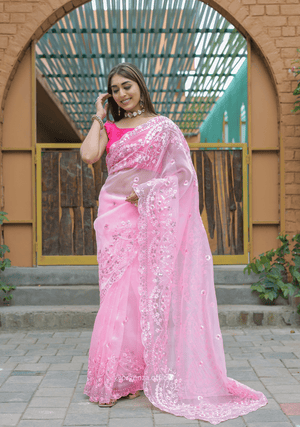 Baby Pink Soft Organza Saree With Sequence Work - Orgenza Store - digisoch
