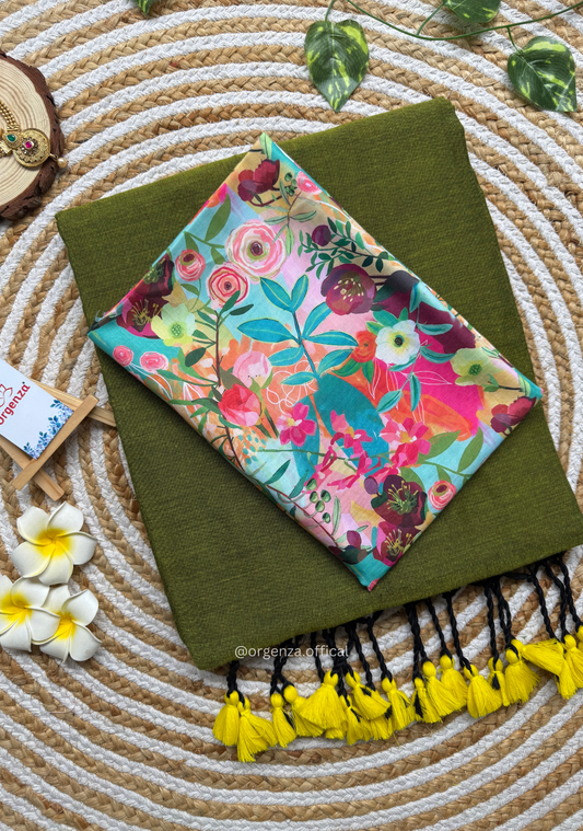 Mehendi Green Colour Cotton Saree With Flower-Leaf Print Blouse