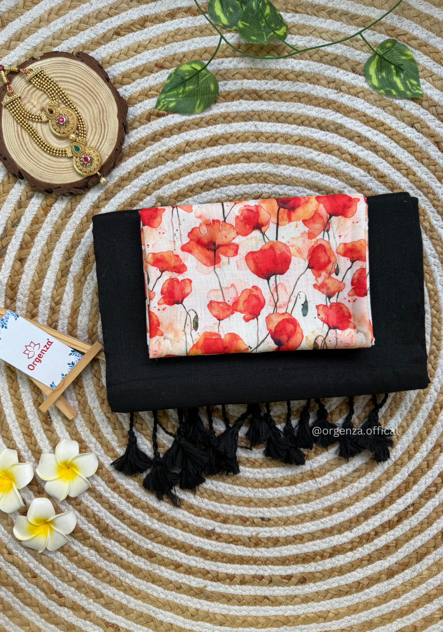 Black Colour Cotton Saree With Tulip Print Blouse