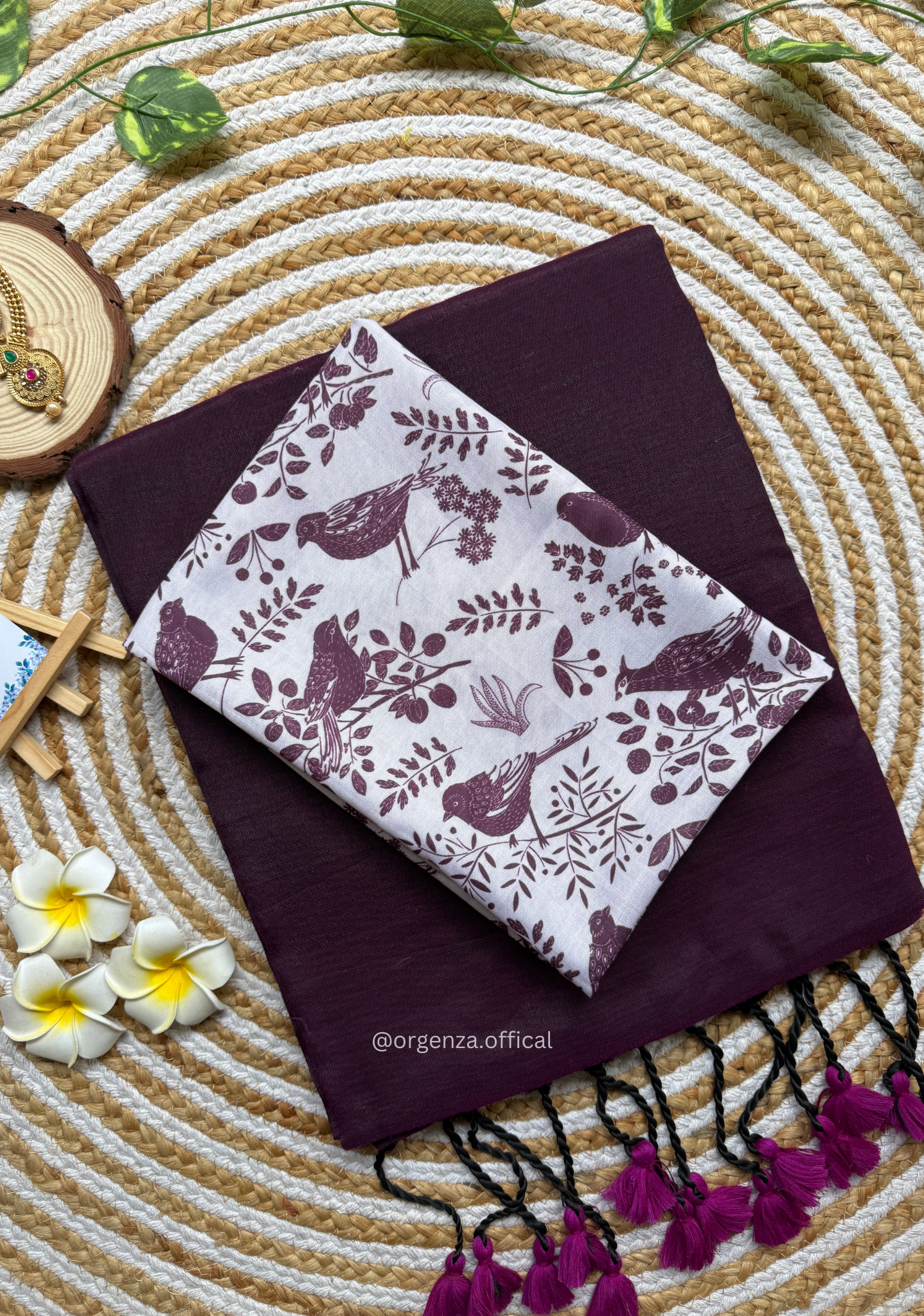 Wine Colour Cotton Saree With Birds Print Blouse