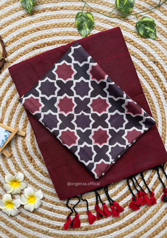 Maroon Colour Cotton Saree With Block Print Blouse